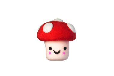 Beyaz arka planda neşeli bir mantar. Yumuşak plastikçilik