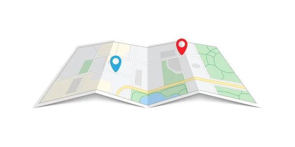 城市纸质地图与别针 折叠城市地图上的红色和蓝色方向指示牌 Gps导航和旅行手册 在白色背景上孤立的向量图 — 图库矢量图片