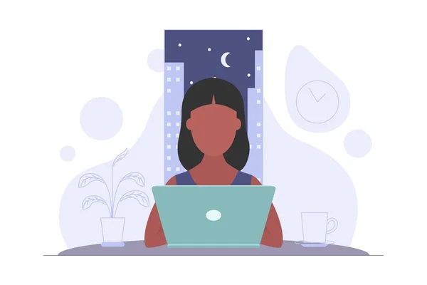 Freelancer Trabajando Noche Casa Mujer Tiene Demasiado Trabajo Concepto Trabajador — Archivo Imágenes Vectoriales