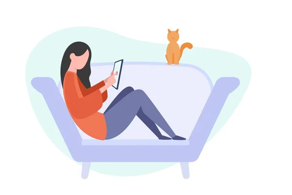 タブレットをソファの上に座っている女の子 フリーランスや勉強の概念 自宅でインターネットを使っている女性 白を基調とした平面図 — ストックベクタ