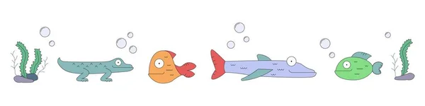 卡通鱼集合 有趣的扁平的海鱼和海藻 在白色背景上孤立的向量图 — 图库矢量图片