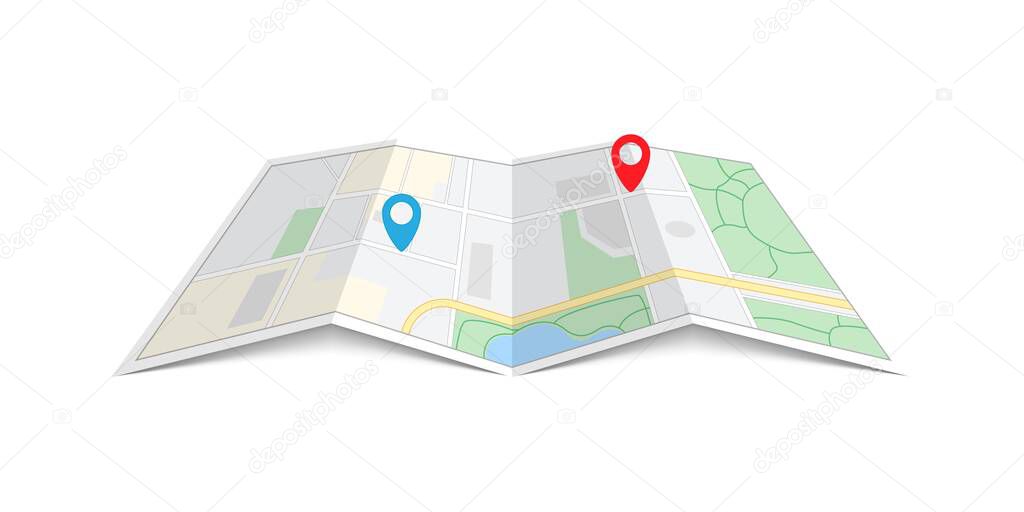 City Paper Map with pin. Red and blue direction pointer on folded city map, gps navigation and travel brochure. Vector illustration isolated on white background