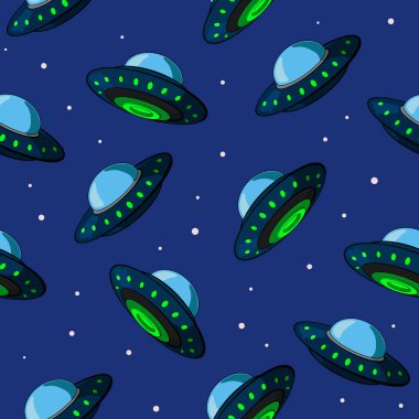 UFO desensiz arka plan. Koyu mavi gökyüzü arka planında yabancı gemiler ve yıldızlar. Vektör illüstrasyonu