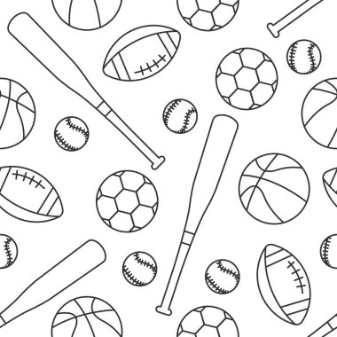 Spor aletleri kusursuz desen. Amerikan futbolu, futbol, basketbol ve beyzbol topları. Vektör illüstrasyonu beyazda izole edildi.
