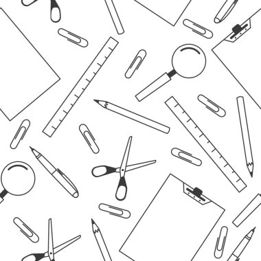 Okul ya da ofis ekipmanları sorunsuz. Beyaz arkaplanda izole edilmiş makas, kalem, kalem, çizgi, ataç, büyüteç ve kağıt tablet deseni.
