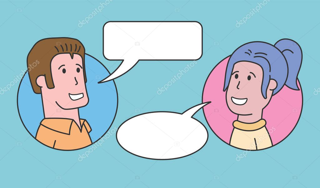 Man and woman have nice conversation. Male and female characters in a round form icon with empty speech bubbles