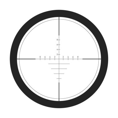 Keskin nişancı hedef dürbünü ya da görüşü, beyaz arka planda izole edilmiş. Web uygulamaları için siyah ince çizgi kapsamı simgesi.