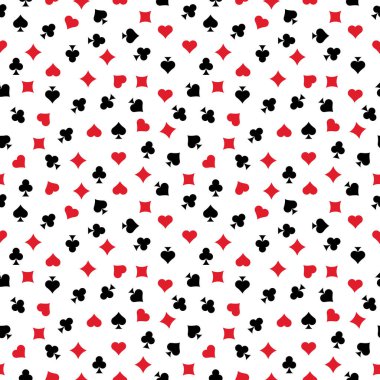 Takım elbiseli poker deseni: kalpler, elmaslar, maça ve beyaz arka planda izole edilmiş sinekler. Vektör çizimi.