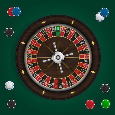 Yeşil arka planda poker fişleri olan poker ruleti. Çarkıfelek, kumarhane vektör çizimi.