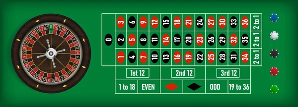 Roue Roulette Poker Avec Jetons Poker Sur Une Table Verte — Image vectorielle