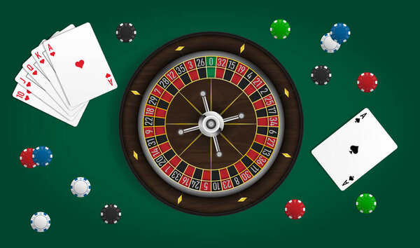 Casino background with roulette wheel, poker chips and game cards on green background. Vector illustration.