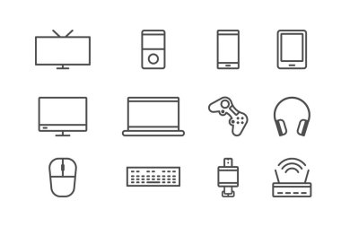 12 elektronik cihaz seti. Vektör düz siyah simgeler. Televizyon, MP3, akıllı telefon, oyun sahası, akıllı saat ve diğer aletler. Vektör simgesi beyaz üzerine izole edildi