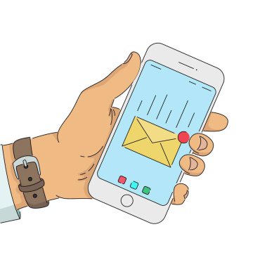 Cep telefonundan yeni e-posta bildirimi. Yeni okunmamış mesajlı akıllı telefon ekranı. Düz bir şekilde vektör illüstrasyonu. Gelen ileti veya sms