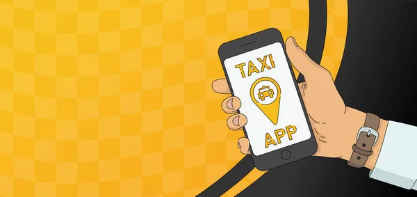 Nápis Aplikace Taxi Ruční Držení Smartphone Aplikací Taxi Pronájem Služby — Stockový vektor