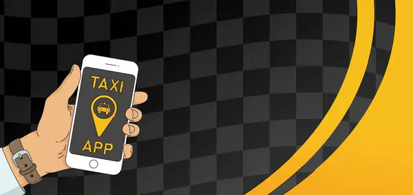 Nápis Aplikace Taxi Ruční Držení Smartphone Aplikací Taxi Pronájem Služby — Stockový vektor