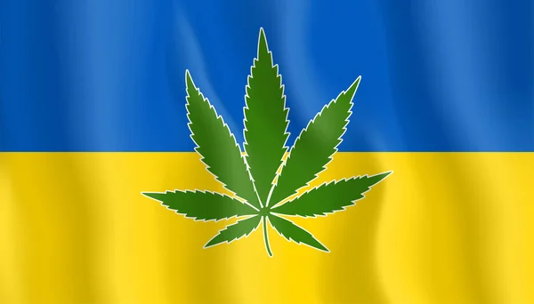 杂草在乌克兰国旗 带有大麻叶的乌克兰国旗的概念 医疗大麻的合法化 现实的纹理旗 矢量说明 — 图库矢量图片
