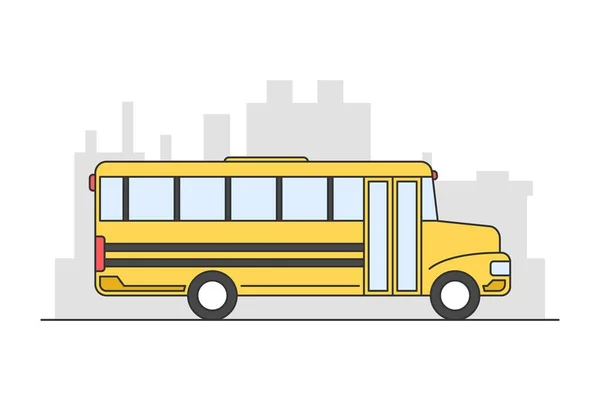 Bus Scolaire Jaune Plat Avec Paysage Urbain Derrière Isolé Sur — Image vectorielle