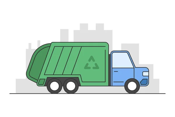 Caminhão Lixo Estilo Plano Com Paisagem Cidade Atrás Isolado Fundo — Vetor de Stock