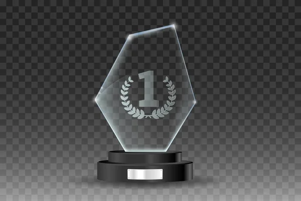Стеклянный Трофей Блестящая Стеклянная Форма Черной Подставке Блестящей Серебряной Пластиной — стоковый вектор