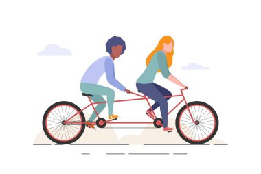 İki kişilik bisiklete binen kadın ve erkek. Çift bisiklete biniyor. Aile çalışması konsepti. Düz biçim web illüstrasyonu o beyaz arkaplan izole