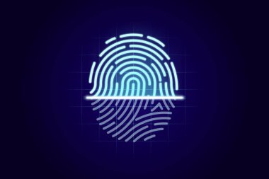 Parmak izi tarayıcı, tanımlama sistemi. Kişisel biyometrik bilgi kavramı. Mavi bir sırt deliğinde parmak izi taraması. Vektör illüstrasyonu