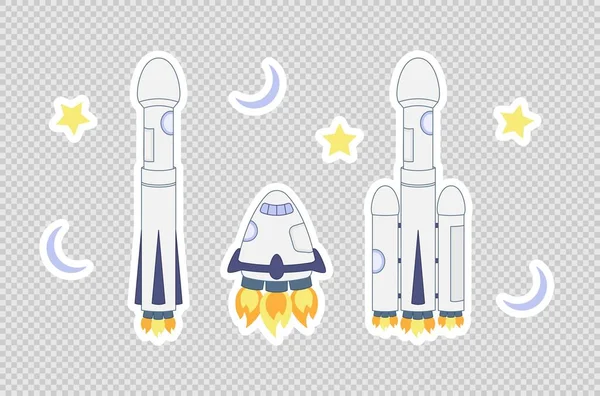 Cohete Espacial Tres Naves Espaciales Reutilizables Modernas Estilo Etiqueta Dibujos — Vector de stock