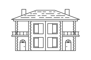 Kulübe çizgisi simgesi. Siyah ağ işareti. Beyaz zemin üzerinde izole edilmiş iki girişi olan ev vektör düz illüstrasyon