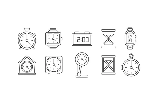 Horloge Temps Icône Réglée Signes Linéaires Icônes Style Plat Isolé — Image vectorielle