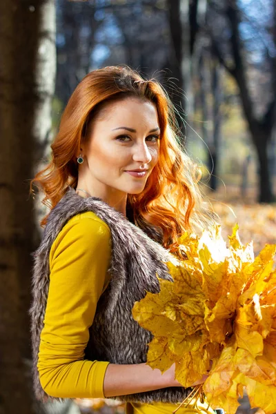 年轻漂亮的女人 在公园在秋天 — 图库照片