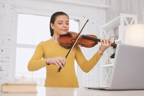 Charming female person staring at her laptop