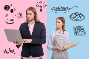 Ciddi işadamı çalışma ve eşi yemek pişirme