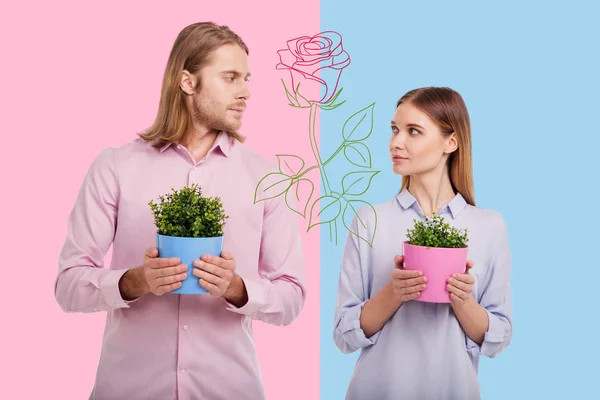 Casal jovem trabalhando em uma loja de flores e olhando um para o outro — Fotografia de Stock