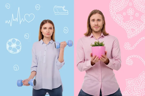 Unusual couple looking glad while enjoying their hobbies — Stock Photo, Image