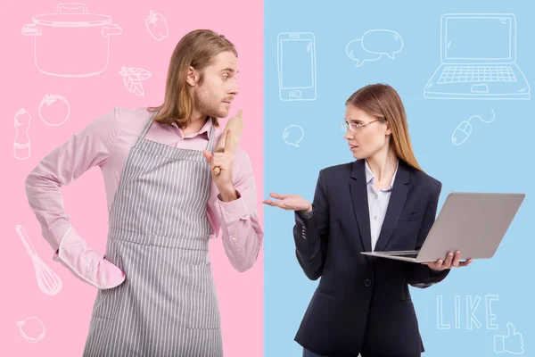 Frowning businesswoman talking to her jobless husband and looking unsatisfied — Stock Photo, Image