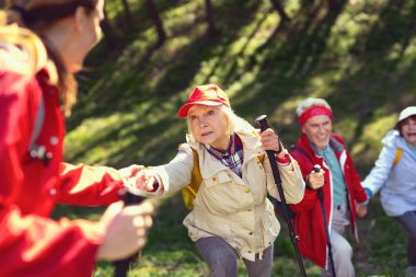 Neşeli takım ormanda hiking