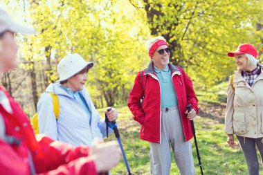 Mutlu adam ve arkadaşları ormanda hiking