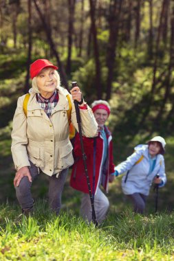 Mutlu yürüyüşçü ormanda yürüyüş