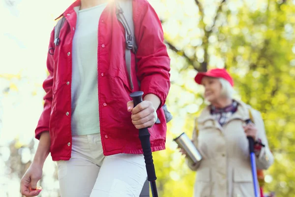 Energetic woman using a stick for hiking — Stock Photo, Image