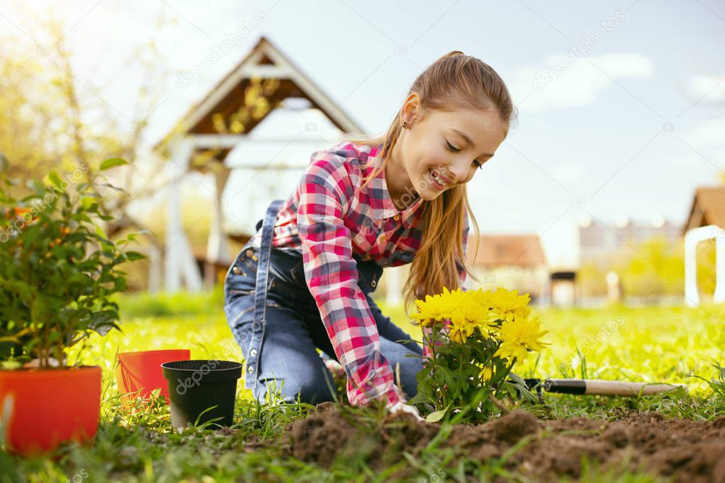 Delighted cheerful girl planting flowers