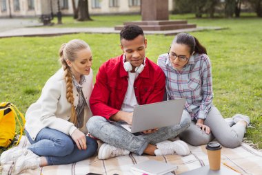 Laptop unutulmaz fotoğraf izlerken yüksek lisans öğrencileri