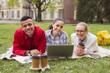 Genç arkadaşlarının parkta piknik