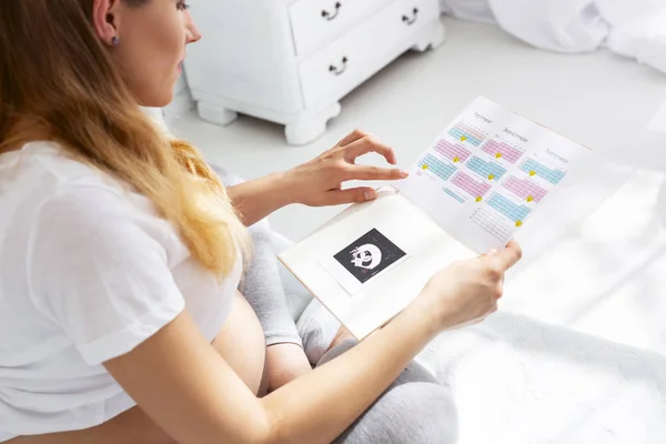 Seriózní těhotná žena kontrola těhotenství deník — Stock fotografie