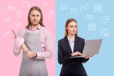 Ciddi iş kadını çalışma ve kocası bir oklava holding