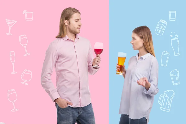 Emotional woman drinking disgusting beer while her husband drinking wine — Stock Photo, Image