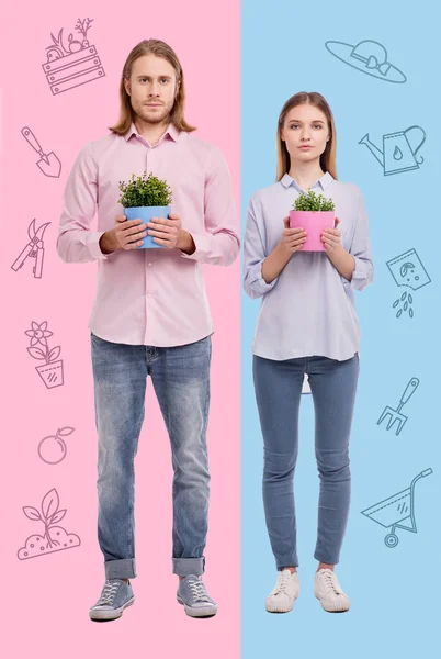 Confident gardeners looking calm and holding flower pots — Stock Photo, Image