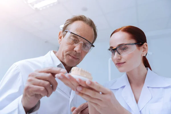 Compañeros atentos examinando mandíbula artificial —  Fotos de Stock