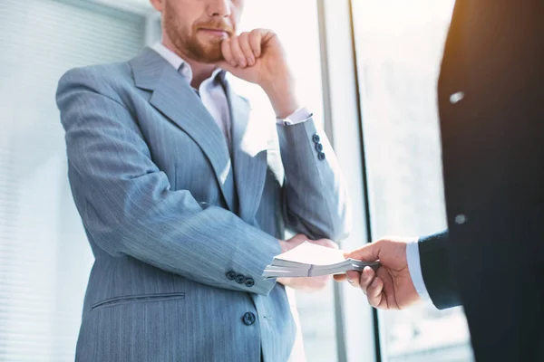 Dishonesty Dishonorable Red Haired Businessman Wearing Suit Taking Bribe — Stock Photo, Image