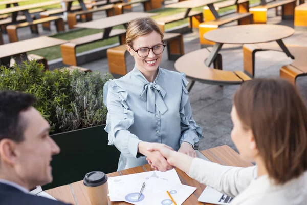 Smiling satisfied career woman shaking hand of her colleague