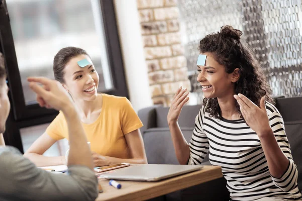 Happy nice woman pointing at herself — Stock Photo, Image