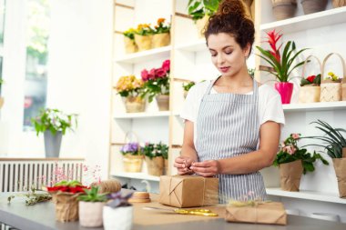 Güzel genç kadın bir hediye hazırlanıyor